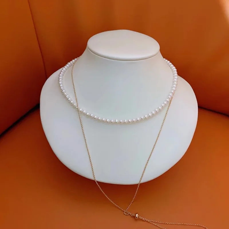 Free shipping popular many wear way gold plated small natural white real pearl beads women long chain necklace trendy gift